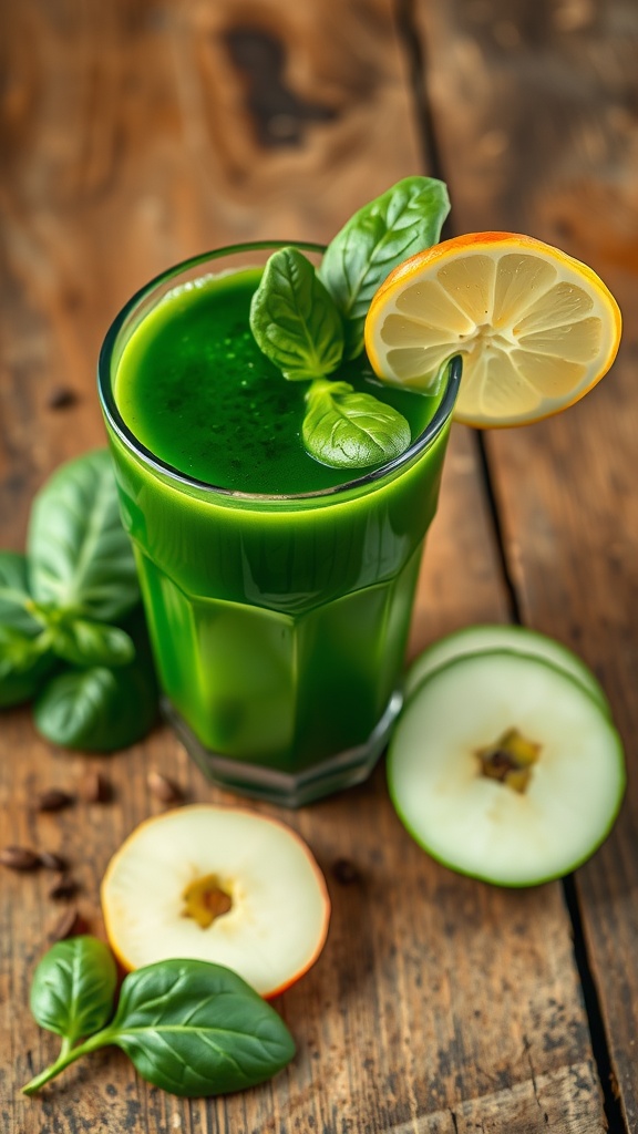 A glass of green spinach juice garnished with lemon, with apple and cucumber slices on a rustic table.